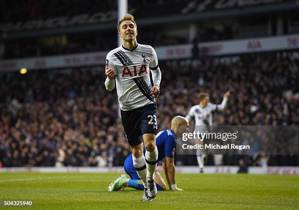 Christian Eriksen of Spurs celebrates after scoring the opening goal during The Emirates FA Cup third round match between Tottenham Hotspur and...