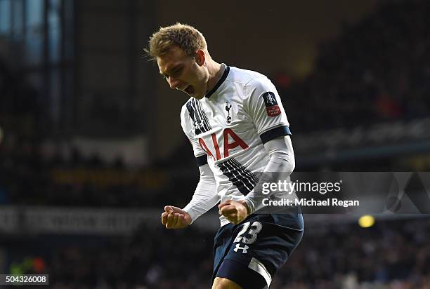 Christian Eriksen of Spurs celebrates after scoring the opening goal during The Emirates FA Cup third round match between Tottenham Hotspur and...