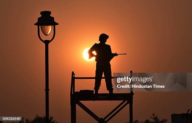 An Army Jawan on alert during the occasion of the Indian Army Day Public Performance by Indian Army in the wake of Indian Army Day at Central Park,...