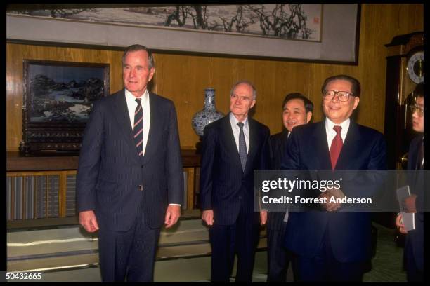 Pres. Jiang Zemin w. George Bush & Brent Scowcroft during former US Pres.'s & NSC head's visit.