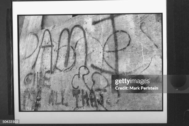 Damien & other graffiti written on wall at abandoned cotton gin where accused murderers, Michael Damien Wayne Echols, Jessie Lloyd Misskelley Jr. &...