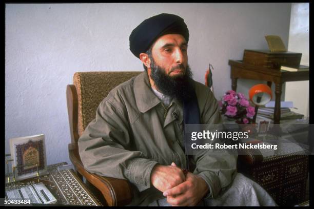 Renegade PM Gulbuddin Hekmatyar speaking, leading opposition battling Pres. Rabbani's govt. Forces, interviewed at his base in Charasiab, Afghanistan.