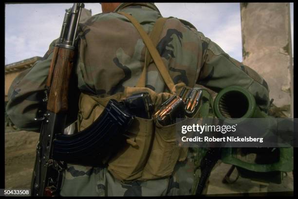 Heavily armed soldier loyal to Rabbani govt. Fighting renegade PM Hekmatyar & ally Dostam-led opposition manning frontline.