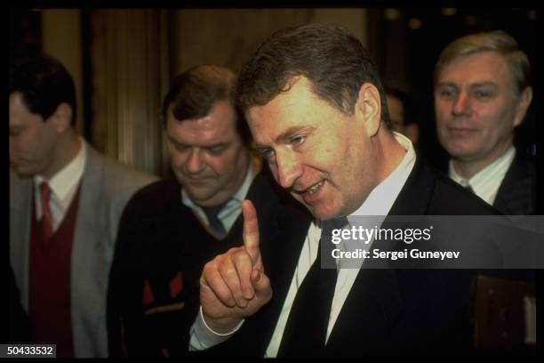 Ultra-nationalist Liberal Democrats ldr. Vladimir Zhirinovsky speaking , on day of or day after parliamentary elections.