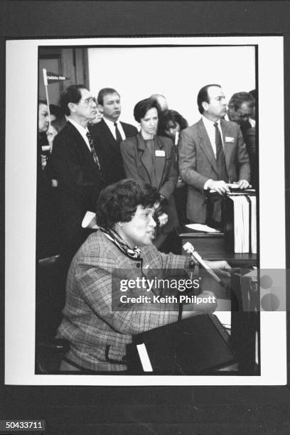 Surgeon Gen. Nominee Dr. Joycelyn Elders , the Dir. Of the AR Dept. Of Public Health, speaking into mike at desk while addressing the State...