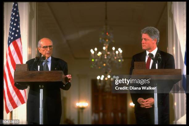 Pres. Bill Clinton & Greek PM Andreas Papandreou holding joint news conf. In WH E. Rm.