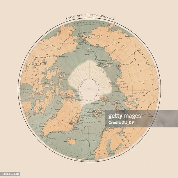 ancient map of the arctic region, lithograph, published in 1883 - svalbard islands stock illustrations