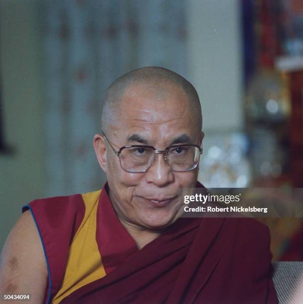 Exiled Tibetan spiritual ldr. Dalai Lama during TIME interview in Dharamsala, India.