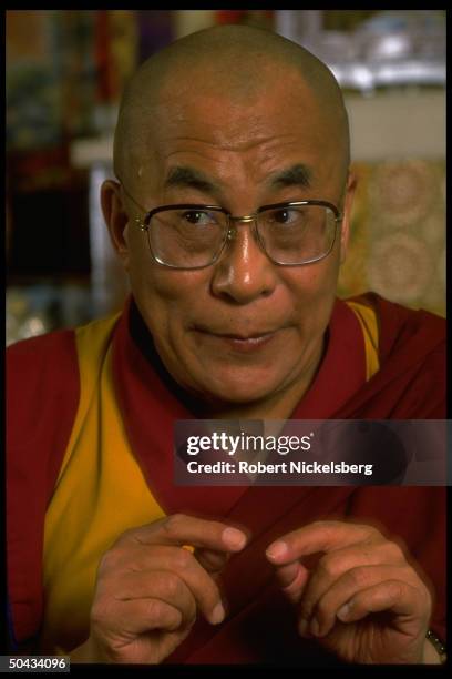 Exiled Tibetan spiritual ldr. Dalai Lama during TIME interview in Dharamsala, India.