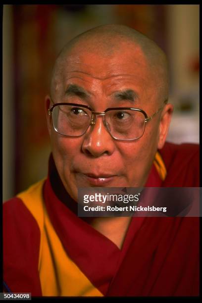 Exiled Tibetan spiritual ldr. Dalai Lama during TIME interview in Dharamsala, India.