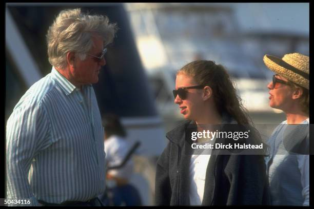 1st Lady Hillary Rodham Clinton on yacht Relemar w. Daughter Chelsea & Sen. Ted Kennedy , vacationing in Martha's Vineyard, MA.