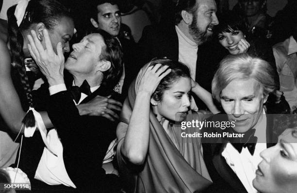 Celebrities during New Year's Eve party at Studio 54: Halston, Bianca Jagger, Jack Haley, Jr. And wife Liza Minnelli and Andy Warhol.