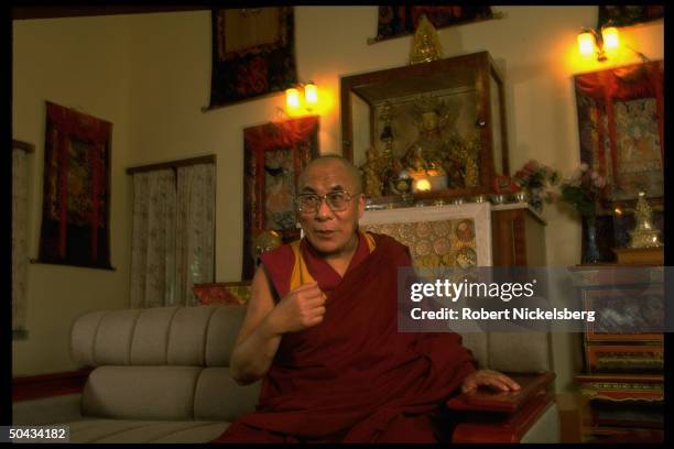 Exiled Tibetan spiritual ldr. Dalai Lama during TIME interview in Dharamsala, India.