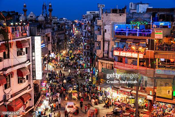 city life - main bazar, paharganj, new delhi, india - delhi india stock pictures, royalty-free photos & images