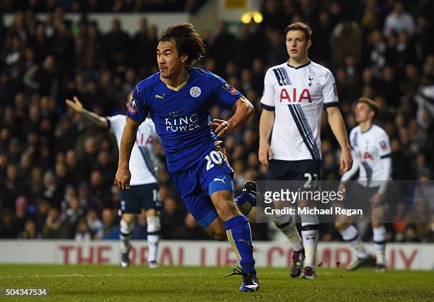 Shinji Okazaki of Leicester City celebrates after scoring his team's second goal during The Emirates FA Cup third round match between Tottenham...