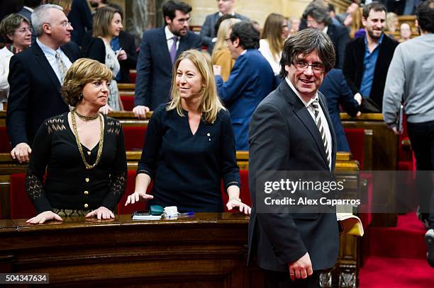 Carles Puigdemont looks on before the parliamentary session debating on his election as the new President of Catalonia on January 10, 2016 in...