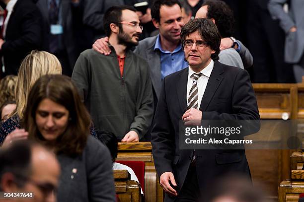 Carles Puigdemont looks on before the parliamentary session debating on his election as the new President of Catalonia on January 10, 2016 in...