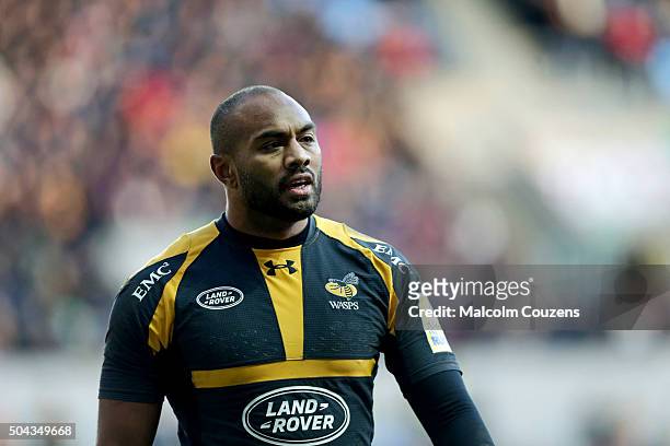 Sailosi Tagicakibau of Wasps during the Aviva Premiership match between Wasps and Worcester Warriors at The Ricoh Arena on January 10, 2016 in...