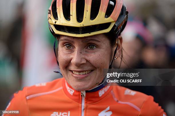 Rider Nikki Harris celebrates winning the Elite Women's Championship of the 2016 British Cycling National Cyclo-Cross Championships at Shrewsbury...