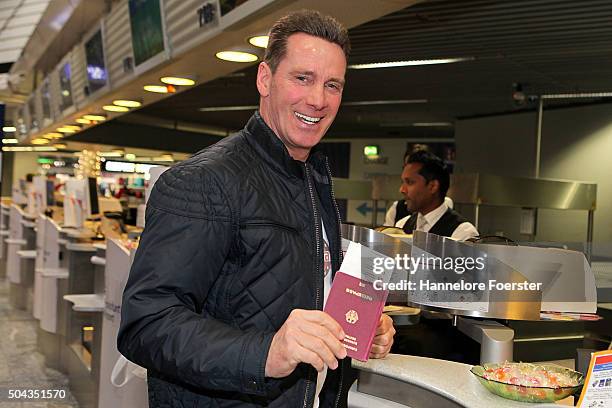 Singer Juergen Milski poses before boarding the flight to Australia as a participant in the 2016 RTL-TV-Show 'Dschungelcamp: " I'm a celebrity get me...