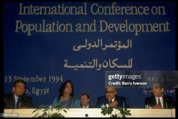 Egypt's For. Min. Amr Moussa , ICPD pres. Maher Mahran & ICPD secy. Gen. Nafis Sadik at UN Intl. Conf. On Population & Development.