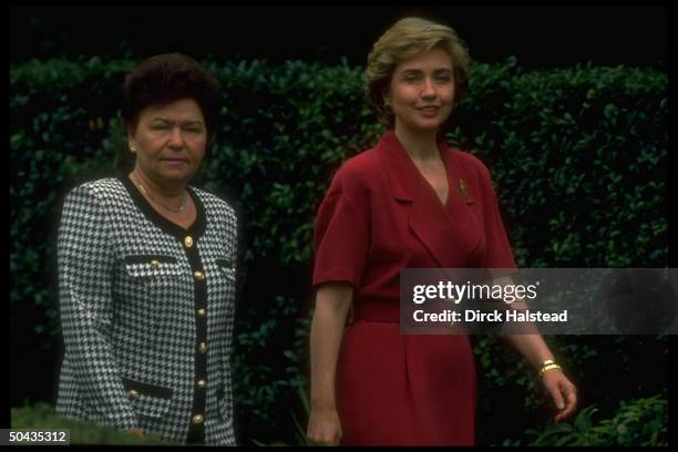 First Lady Hillary Rodham Clinton with her Russian counterpart, Naina Yeltsin, at US Ambassador's residence during G7 summit.