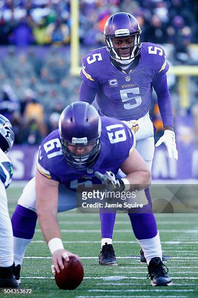 Teddy Bridgewater of the Minnesota Vikings awaits the snap in the first half against the Seattle Seahawks during the NFC Wild Card Playoff game at...
