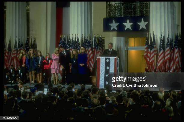 Pres-elect Bill, Hillary Rodham & Chelsea Clinton, VP-elect Al & Tipper Gore w. Kids Albert, Karenna, Kristin & Sarah at election victory fete.