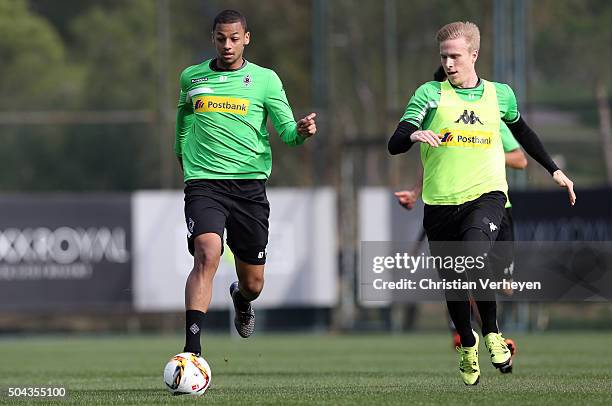 Djibril Sow is chased by Oscar Wendt during a training session at day 4 of Borussia Moenchengladbach training camp on January 10, 2016 in Belek,...