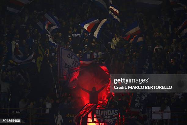 Sampdoria's supporters wave flags during the Italian Serie A football match Sampdoria Vs Juventus on January 10, 2016 at 'Luigi Ferraris Stadium' in...