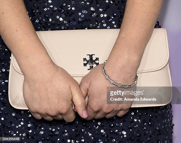 Actress Cindy Busby, clutch and bracelet detail, arrives at the Hallmark Channel and Hallmark Movies and Mysteries Winter 2016 TCA Press Tour at...
