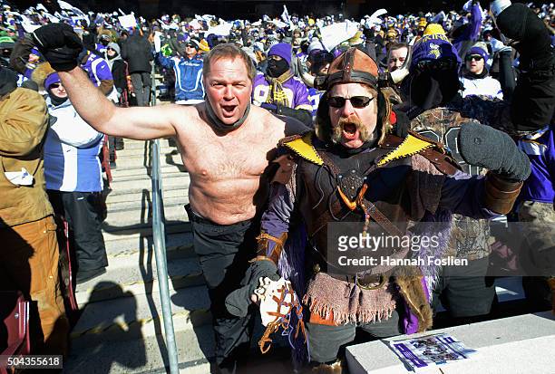 Minnesota Vikings fans cheer during the NFC Wild Card Playoff game between the Minnesota Vikings and the Seattle Seahawks at TCFBank Stadium on...