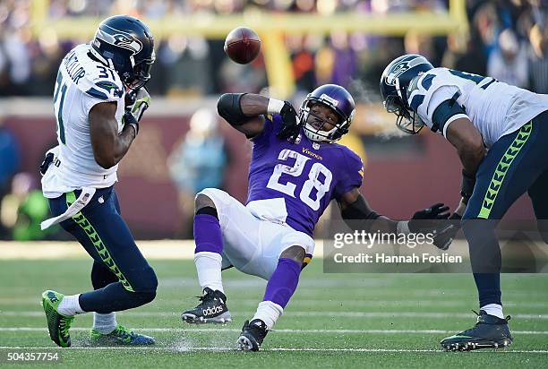 Adrian Peterson of the Minnesota Vikings fumbles the ball in the fourth quarter against the Seattle Seahawks during the NFC Wild Card Playoff game at...