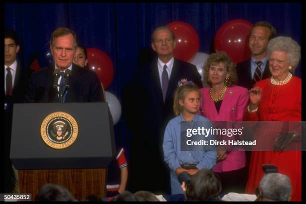 Pres. Bush giving election night concession speech, losing to Dem. Clinton, w. Wife Barbara, son Neil, wife Sharon & daughter Lauren & Jim Baker .