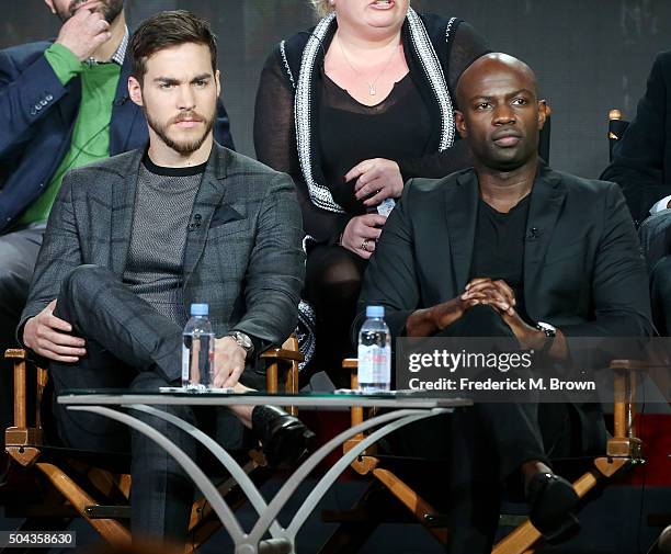 Actors Chris Wood and David Gyasi of the television show "Containment" speak during the CW segment of the 2016 Television Critics Association Winter...