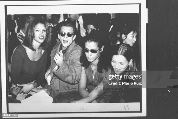 Actors Christian Slater & Jaye Davidson w. Models Kara Young & Kate Moss at Todd Oldham's spring fashion show.