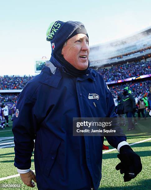 Head coach Pete Carroll of the Seattle Seahawks walks off the field after defeating the Minnesota Vikings with a score of 10 to 9 during the NFC Wild...