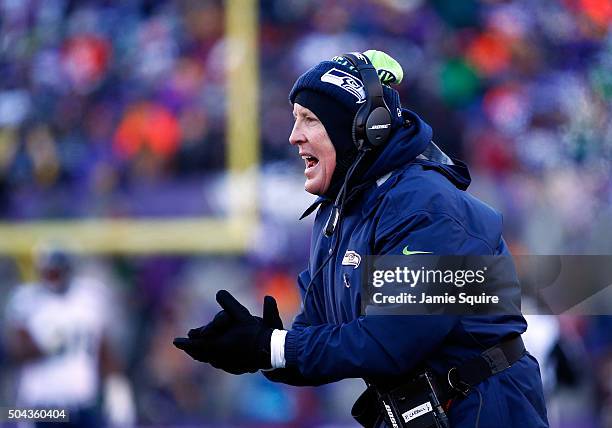 Head coach Pete Carroll of the Seattle Seahawks reacts on the sidelines during the NFC wild card playoff game against the Minnesota Vikings at...