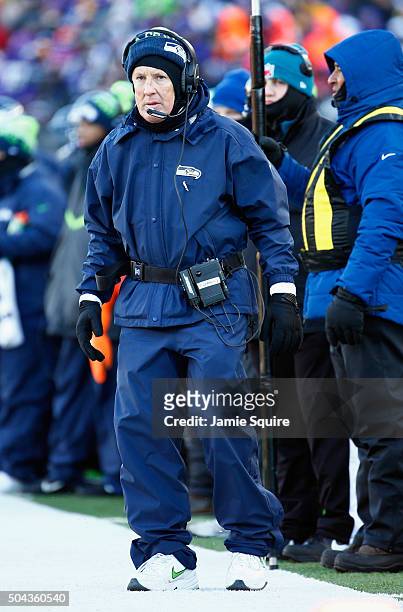 Head coach Pete Carroll of the Seattle Seahawks reacts in the fourth quarter against the Minnesota Vikings during the NFC Wild Card Playoff game at...
