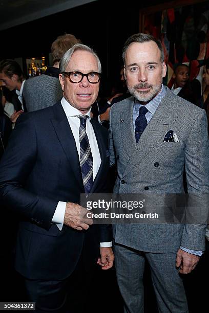 Tommy Hilfiger and David Furnish attend a dinner hosted by Tommy Hilfiger and Dylan Jones to celebrate The London Collections Men AW16 at Mortons on...
