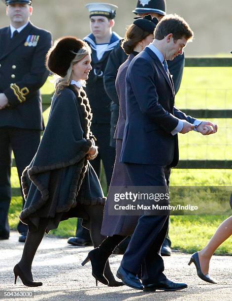 Sophie Carter, James Meade and Catherine, Duchess of Cambridge attend the Sunday service at St Mary Magdalene Church, Sandringham on January 10, 2016...