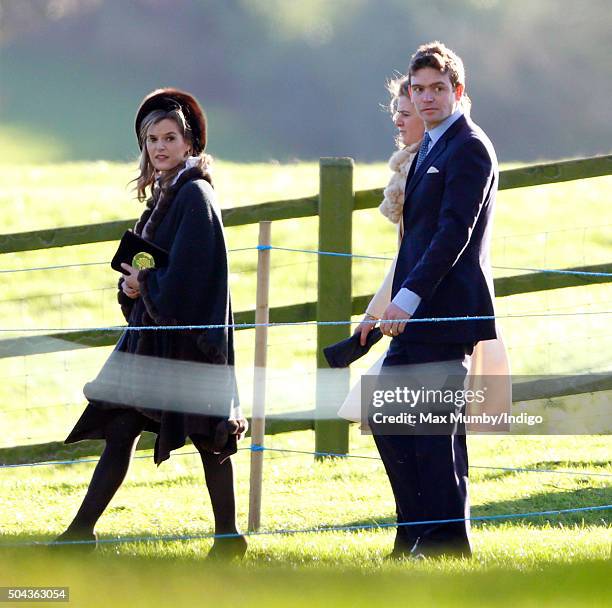 Sophie Carter, James Meade and Lady Laura Meade depart after attending the Sunday service at St Mary Magdalene Church, Sandringham on January 10,...