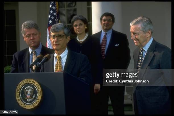Resigning Treas. Secy. Bentsen, WH Chief of Staff Leon Panetta, Judy Rubin & Treas. Secy-designate Robert Rubin & Pres. Bill Clinton, in WH Rose...