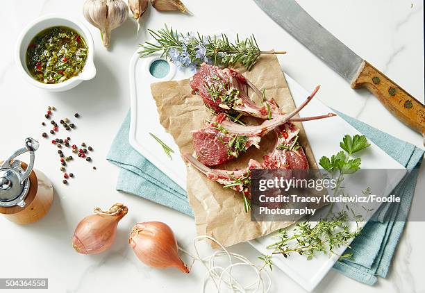 raw fresh lamb chops with herbs and gremolata - lamb chop stock pictures, royalty-free photos & images