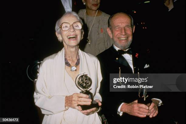 Married actors Hume Cronyn & Jessica Tandy each holding Lifetime Achievement Awards at the Tonys.