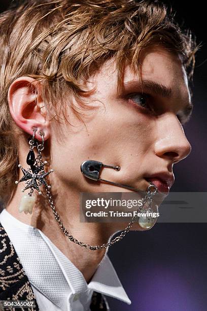 Model on the runway at the Alexander McQueen show during The London Collections Men AW16 at The Foreign and Commonwealth Office on January 10, 2016...