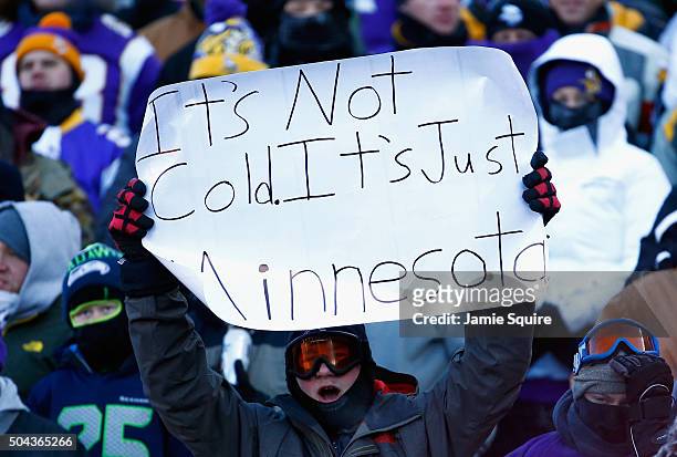 Fan holds a sign during the NFC Wild Card Playoff game between the Minnesota Vikings and the Seattle Seahawks at TCFBank Stadium on January 10, 2016...