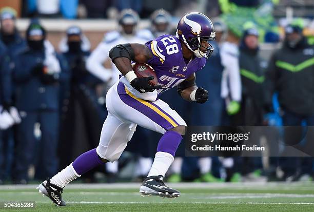 Adrian Peterson of the Minnesota Vikings carries the ball in the fourth quarter against the Seattle Seahawks during the NFC Wild Card Playoff game at...