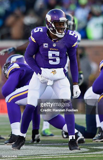 Teddy Bridgewater of the Minnesota Vikings reacts in the second half against the Seattle Seahawks during the NFC Wild Card Playoff game at TCFBank...