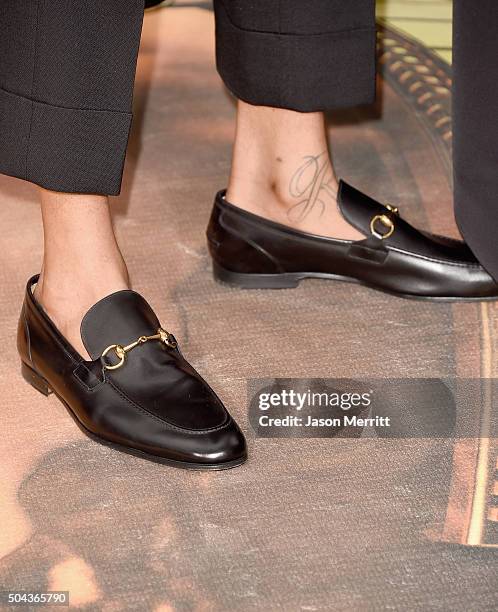 Rapper Wiz Khalifa, shoe detail, attends the 73rd Annual Golden Globe Awards held at the Beverly Hilton Hotel on January 10, 2016 in Beverly Hills,...